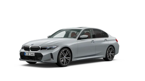 Silberner BMW 3er Limousine, seitliche Ansicht, auf weißem Hintergrund.