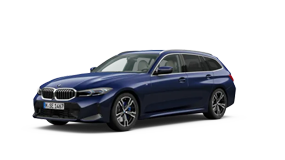 Blauer BMW 3er Touring auf weißem Hintergrund, seitlich von links abgebildet.
