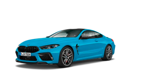Blaues BMW 8er Coupé M-Modell, seitlich fotografiert, auf weißem Hintergrund.