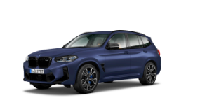 Blauer BMW X3 M auf weißem Hintergrund, Seitenansicht, präsentiert von BMW Händler Mülheim.