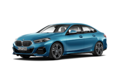 Ein blaues BMW 2er Gran Coupé, seitlich von vorne fotografiert auf weißem Hintergrund.