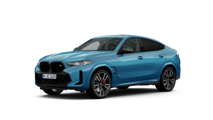 Blauer BMW X6 auf weißem Hintergrund, seitliche Vorderansicht.