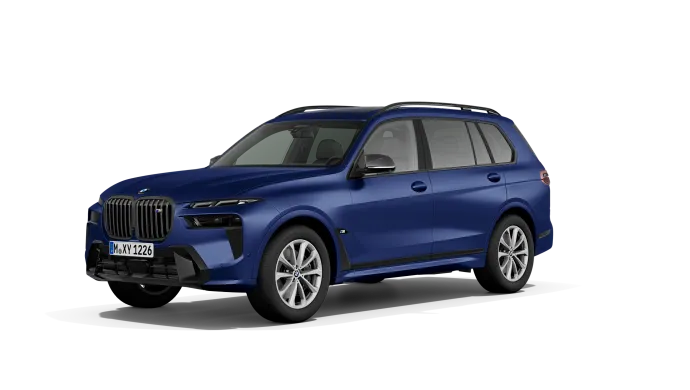 Blauer BMW X7 auf schwarzem Hintergrund, seitliche Ansicht.