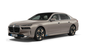 Luxuriöser BMW in Silber, seitliche Ansicht, auf weißem Hintergrund.