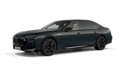 Dunkelgrauer BMW M7 Limousine, Seitenansicht, auf weißem Hintergrund.
