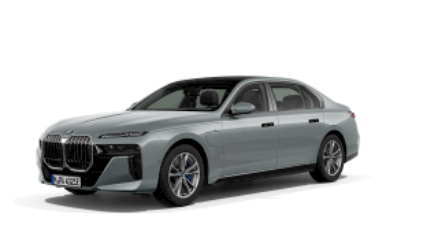 Silberne BMW-Limousine auf weißem Hintergrund, Seitenansicht.