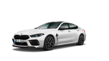 Weißes BMW 8er Gran Coupé, seitliche Frontansicht, auf weißem Hintergrund.