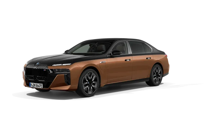 BMW i7 M70 xDrive in Schwarz und Bronze, seitliche Ansicht, stehendes Fahrzeug.