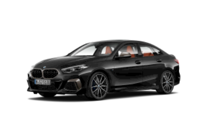 Schwarzes BMW 2er Gran Coupé, seitliche Frontansicht auf weißem Hintergrund.