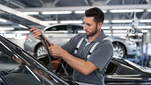 Mechaniker wechselt Wischerblätter an einem Auto in einer Werkstatt.